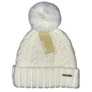 Michael Kors Women's Ivory Cream Cable Knitted Beanie Hat with Fluffy Pom